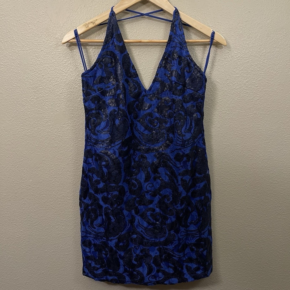 Rubber Ducky Productions Lace Sequins Bodycon Mini Dress Royal Blue Black Size L